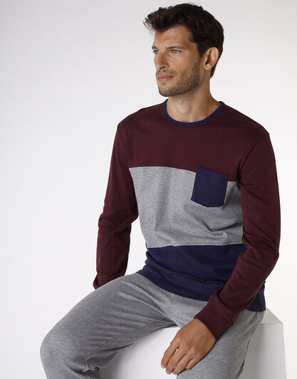 Pigiama lungo in interlock di cotone, bordeaux grigio e blu, , LOVABLE