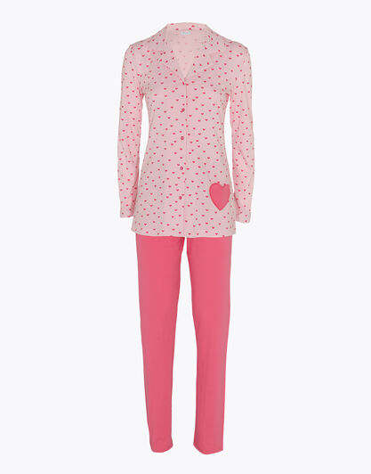 Pigiama donna lungo aperto in jersey di 100% cotone, rosa con stampa cuori, , LOVABLE