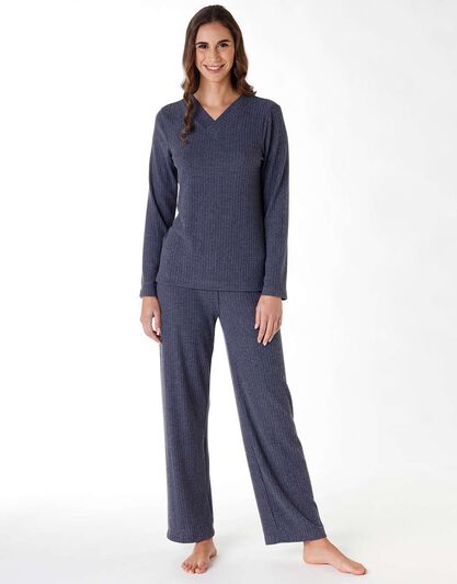 Pigiama lungo donna in costina calda, blu melange, , LOVABLE