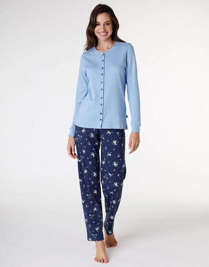Pigiama lungo aperto in interlock di cotone, azzurro con stampa, , LOVABLE