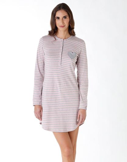 Camicia da notte in 100% cotone interlock, a righe rosa e grigio, , LOVABLE