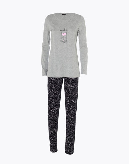 Pigiama lungo donna in cotone e viscosa, grigio melange, , LOVABLE