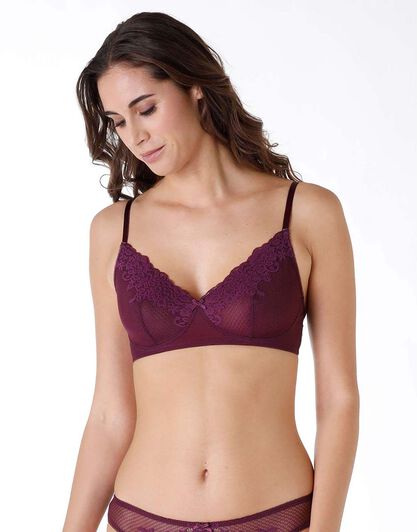 Reggiseno senza ferretto in pizzo e microfibra posh lace, bordeaux, , LOVABLE