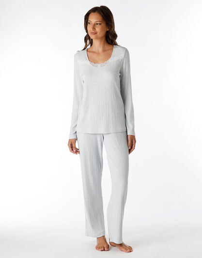 Pigiama lungo con scollo a v in viscosa a costine, grigio argento, , LOVABLE