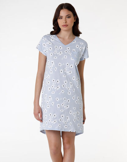 Camicia da notte a maniche corte in jersey 100% cotone, azzurro stampato, , LOVABLE
