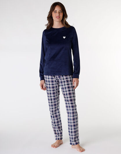Pigiama lungo, blu con stampa a quadri, , LOVABLE