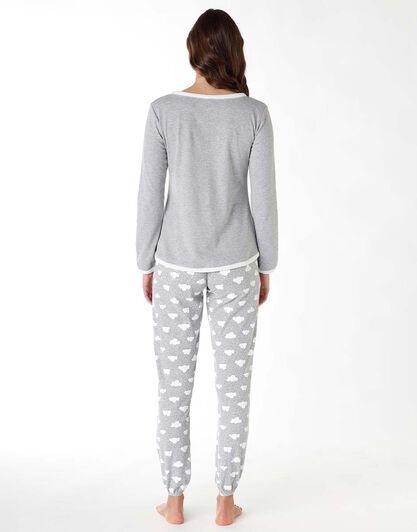 Pigiama donna lungo in cotone interlock, grigio melange con stampa, , LOVABLE
