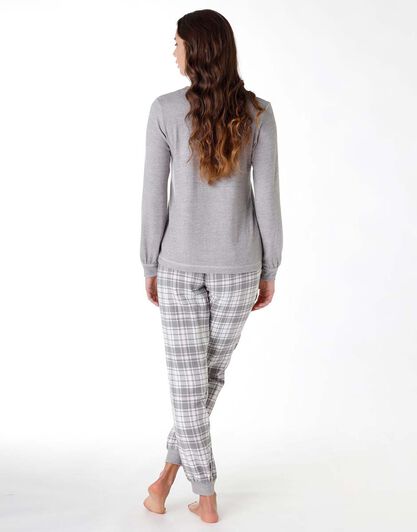 Pigiama lungo donna in tessuto caldo e flanella, grigio melange, , LOVABLE