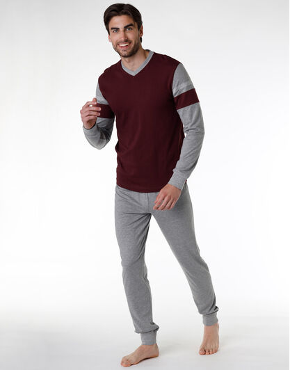 Pigiama lungo uomo in jersey, bordeaux, , LOVABLE