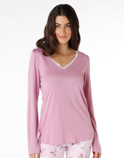T-shirt del pigiama donna maniche lunghe in 100% cotone modal, malva, , LOVABLE
