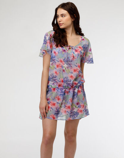 Mini abito in chiffon, stampa tropicale con fiori, , LOVABLE