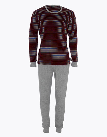 Pigiama lungo in interlock di cotone, bordeaux con righe multicolor, , LOVABLE