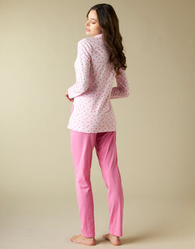 Pigiama donna lungo aperto in jersey di 100% cotone, rosa con stampa cuori, , LOVABLE