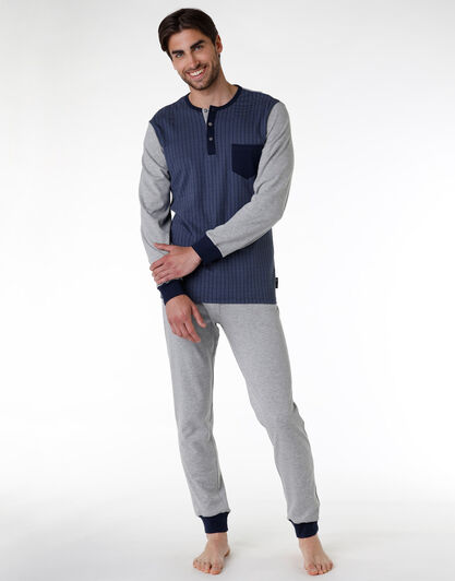 Pigiama lungo uomo in cotone interlock, blu navy stampato, , LOVABLE