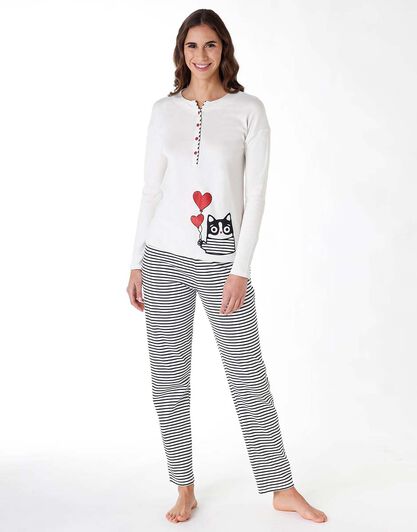 Pigiama donna lungo in 100% jersey di cotone, avorio, , LOVABLE