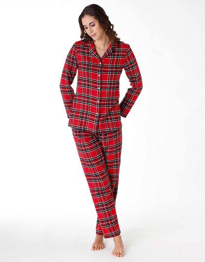 Pigiama lungo donna in flanella, rosso tartan, , LOVABLE