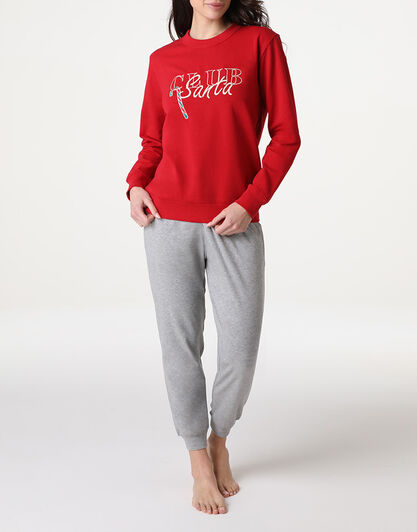 Pigiama Lungo Girocollo in Felpa, rosso, , LOVABLE