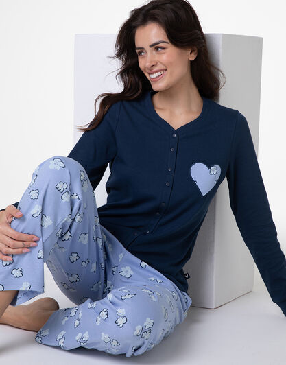 Pigiama Lungo Aperto in Interlock, blu notte, , LOVABLE