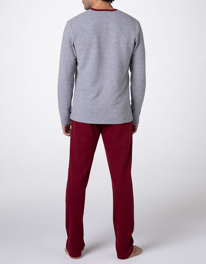 Pigiama Lungo Collo Serafino Warm Fabric e Interlock, grigio melange e bordeaux,  Pigiama Lungo Collo Serafino Warm Fabric e Interlock, grigio melange e bordeaux, , LOVABLE