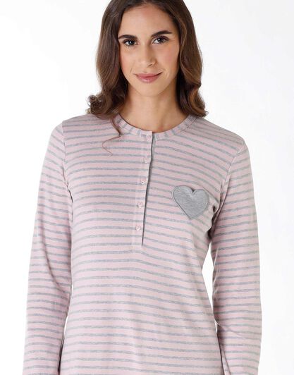 Camicia da notte in 100% cotone interlock, a righe rosa e grigio, , LOVABLE
