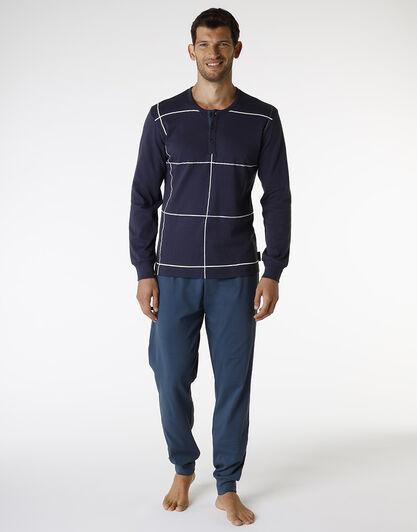 Pigiama lungo in interlock di cotone, blu navy con stampa a quadri, , LOVABLE