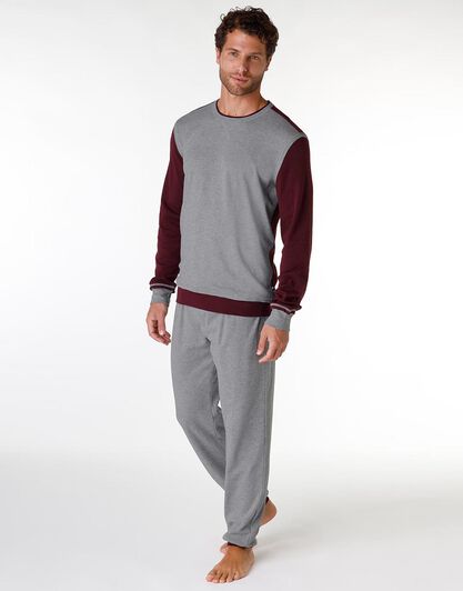 Pigiama uomo lungo in cotone interlock, grigio melange e bordeaux, , LOVABLE