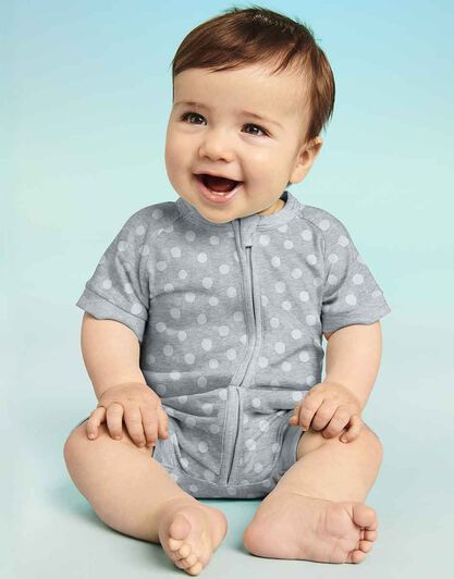 Pagliaccetto con zip in cotone elasticizzato, colore grigio con pois bianchi, , LOVABLE