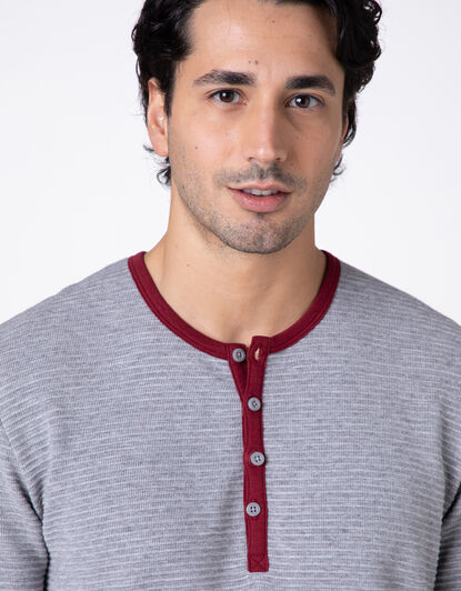 Pigiama Lungo Collo Serafino Warm Fabric e Interlock, grigio melange e bordeaux, , LOVABLE
