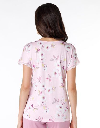 T-shirt del pigiama donna in 100% cotone modal, rosa con stampa floreale, , LOVABLE