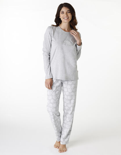 Pigiama lungo girocollo in jersey, grigio melange, , LOVABLE