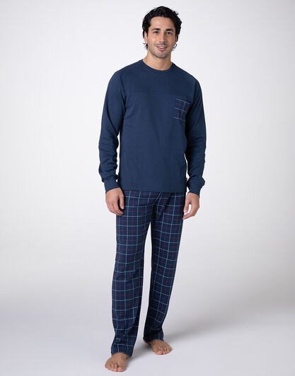 Pigiama Lungo Girocollo in Interlock, blu navy, , LOVABLE