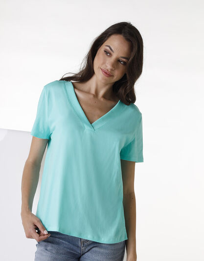 Maglia manica corta con scollo a V Basic Soul in cotone, verde menta, , LOVABLE