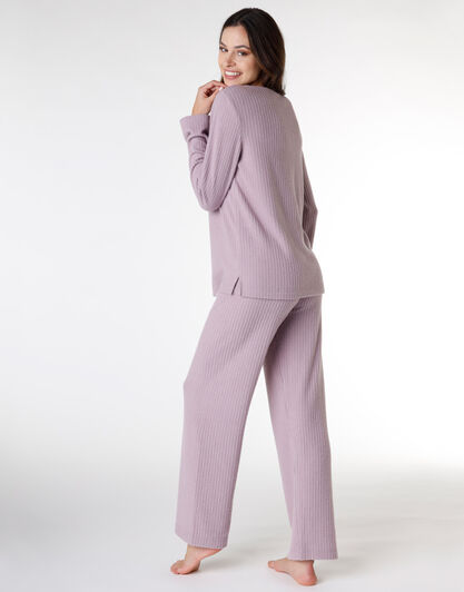 Pigiama donna lungo in costina garzata, grigio lillato, , LOVABLE