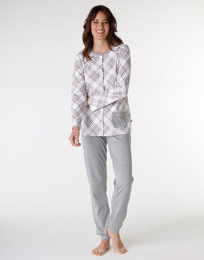Pigiama lungo aperto in interlock di cotone, grigio con stampa a quadri, , LOVABLE