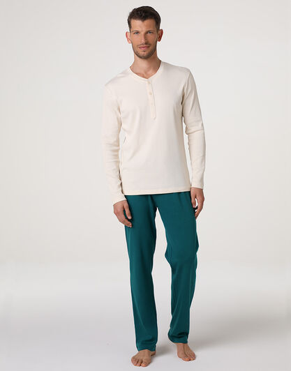 Pigiama Lungo Collo Serafino in Jersey Rib e Interlock, avorio, , LOVABLE