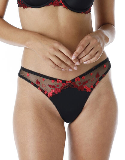 Brasiliano forma a V Romantic Hearts in microfibra e tulle ricamato, nero con cuori rossi e bordeaux, , LOVABLE