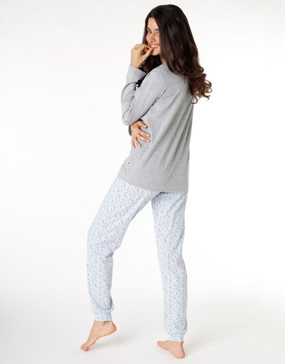Pigiama lungo donna in jersey di cotone, grigio melange, , LOVABLE