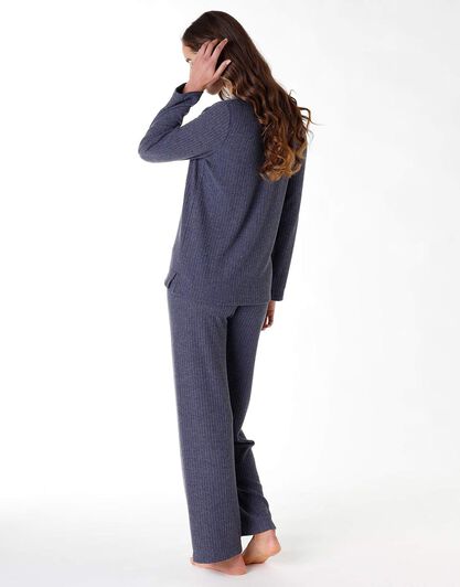 Pigiama lungo donna in costina calda, blu melange, , LOVABLE
