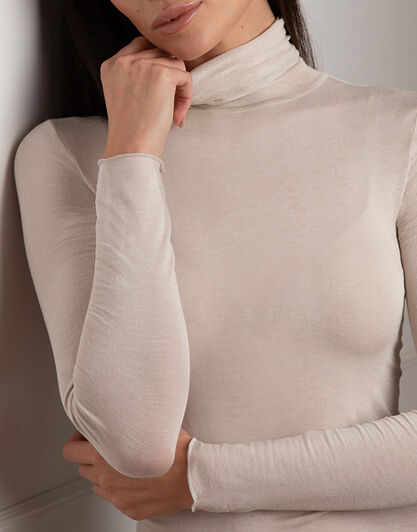 Maglia a collo alto e manica lunga in modal e cashmere, sabbia,  Maglia a collo alto e manica lunga in modal e cashmere, sabbia, , LOVABLE
