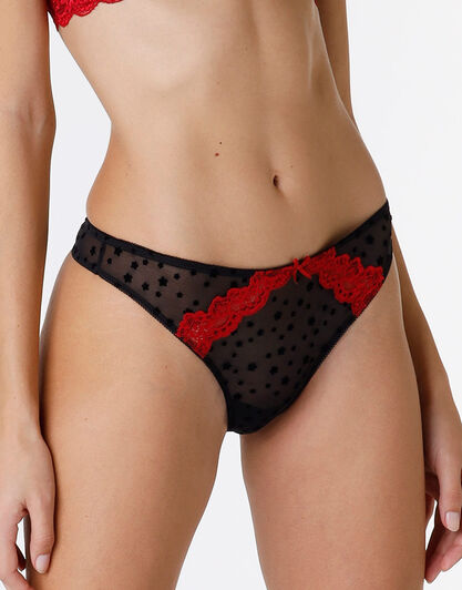 Perizoma Velvet Tulle in pizzo e tulle, nero e rosso , , LOVABLE