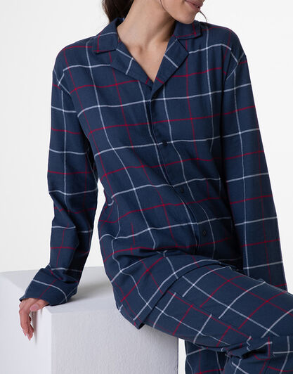 Pigiama Unisex lungo aperto in flanella, blu check, , LOVABLE