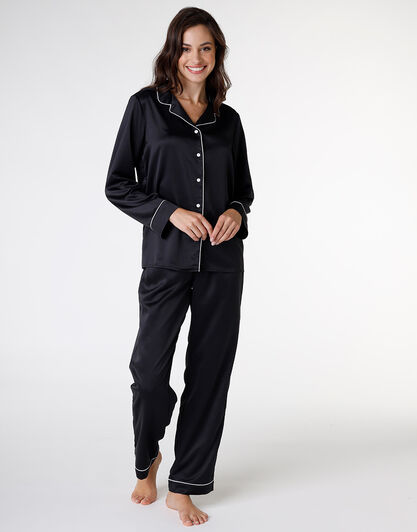 Pigiama lungo aperto in satin, nero, , LOVABLE