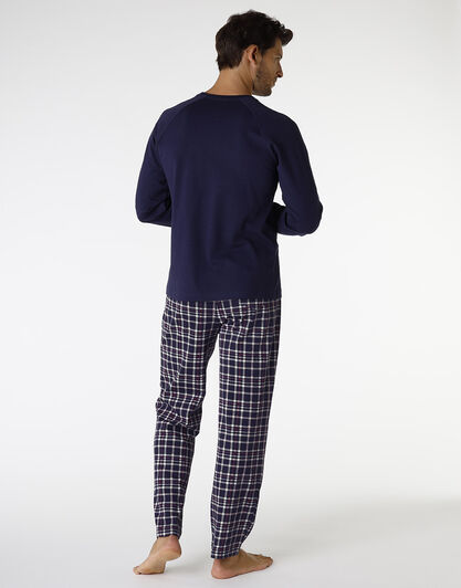 Pigiama in interlock di cotone, blu navy e stampa check, , LOVABLE