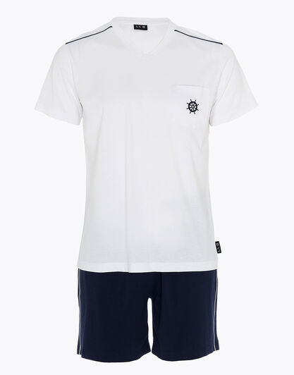 Pigiama corto scollo a V in jersey, bianco e blu navy, , LOVABLE