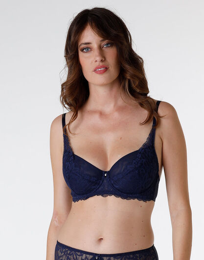 Reggiseno con ferretto Striped Lace in pizzo e microfibra, blu scuro, , LOVABLE