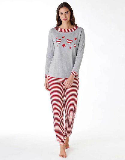 Pigiama lungo donna in cotone interlock, grigio melange e rosso, , LOVABLE
