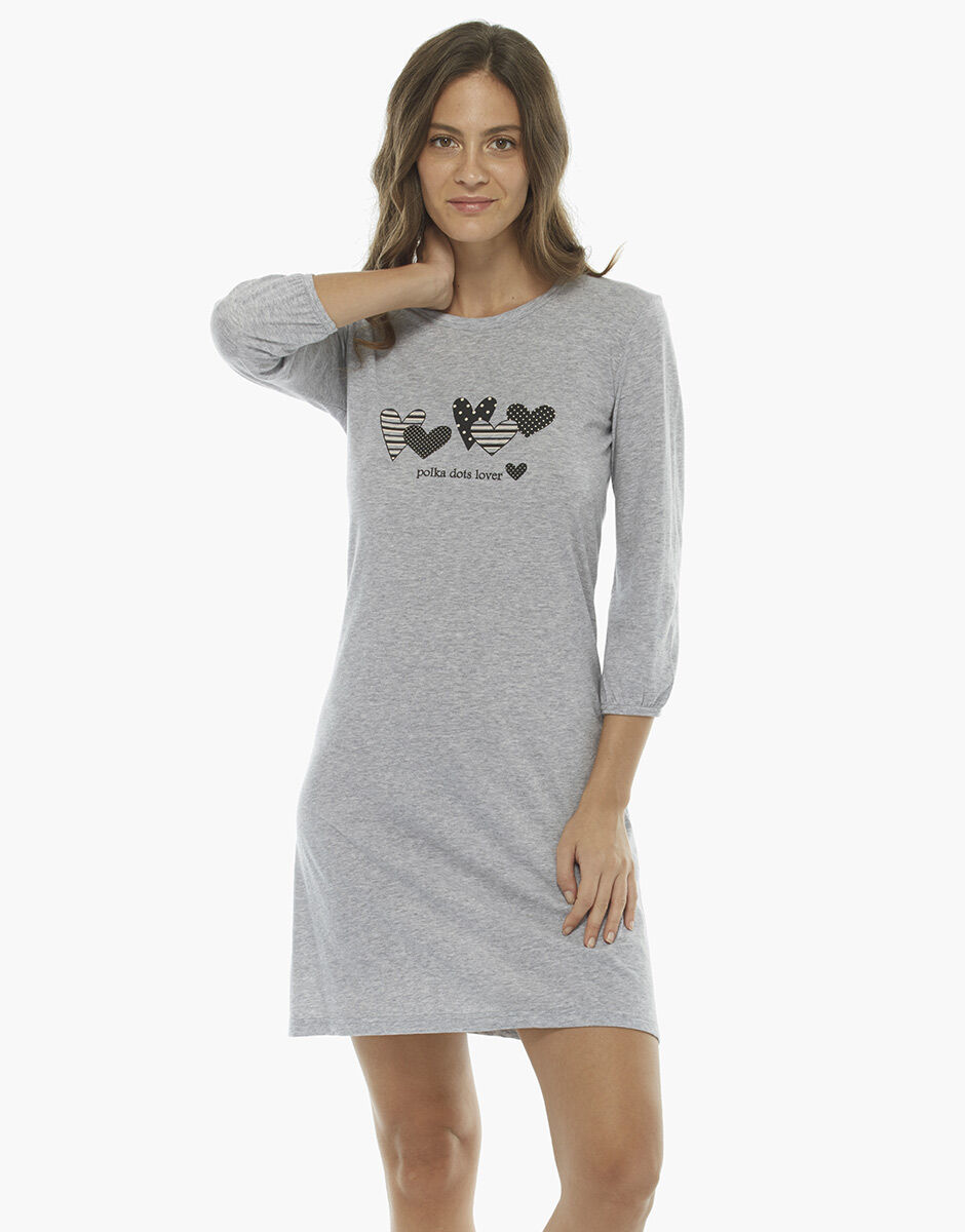 Camicia da notte manica a tre quarti grigio melange in cotone