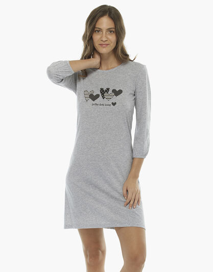 Camicia da notte manica a tre quarti grigio melange, in cotone, con elastico sul fondo manica, , LOVABLE