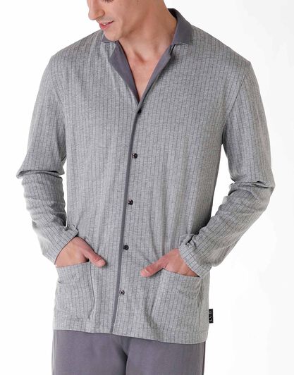 Pigiama uomo lungo in cotone jersey, grigio melange scuro, , LOVABLE