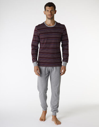 Pigiama lungo in interlock di cotone, bordeaux con righe multicolor, , LOVABLE